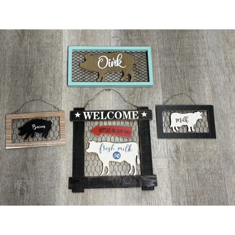 Farmhouse Hanging Wood Signs Wire Pig & Cow Rustic Distressed Decor Set Of 4 - Picture 4 of 7